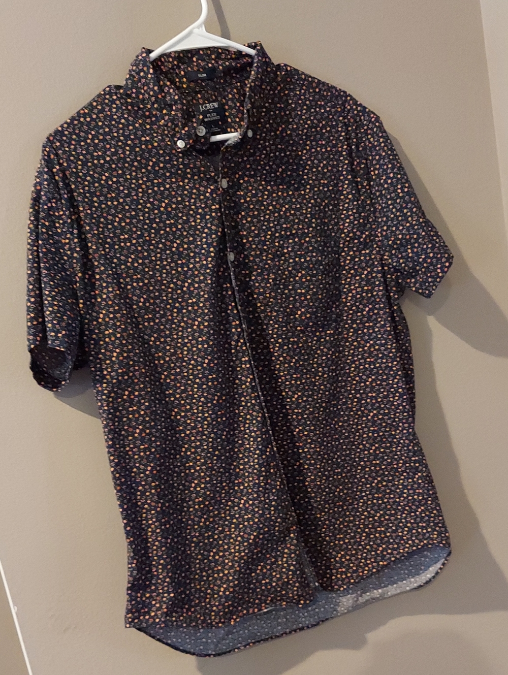 J Crew Slim Short Sleeve Printed Flex Casual Shirt L Navy